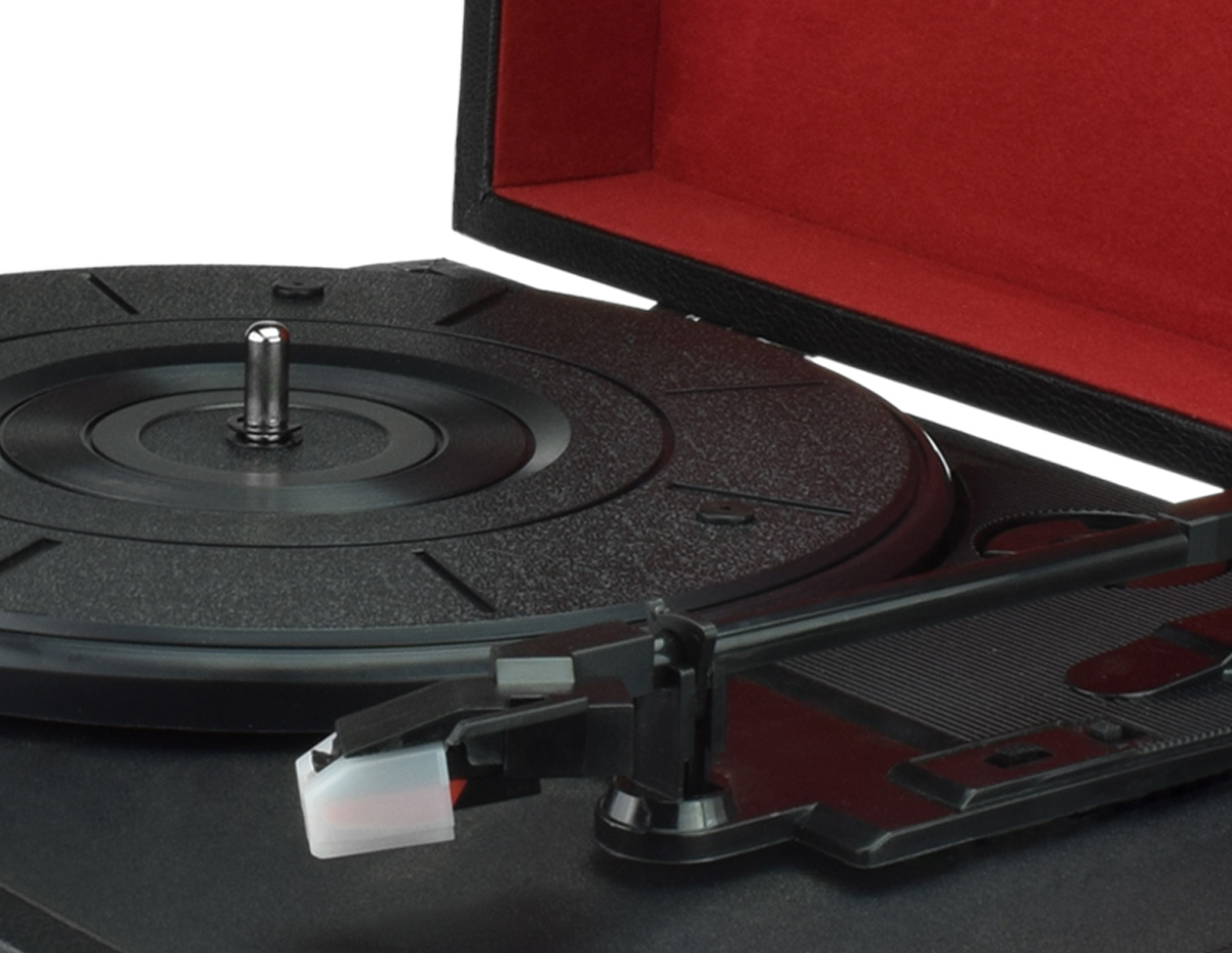PS46, Suitcase Portable 3-Speed Stereo Turntable&FM Radio vinyl record to USB SD Built-in Speakers