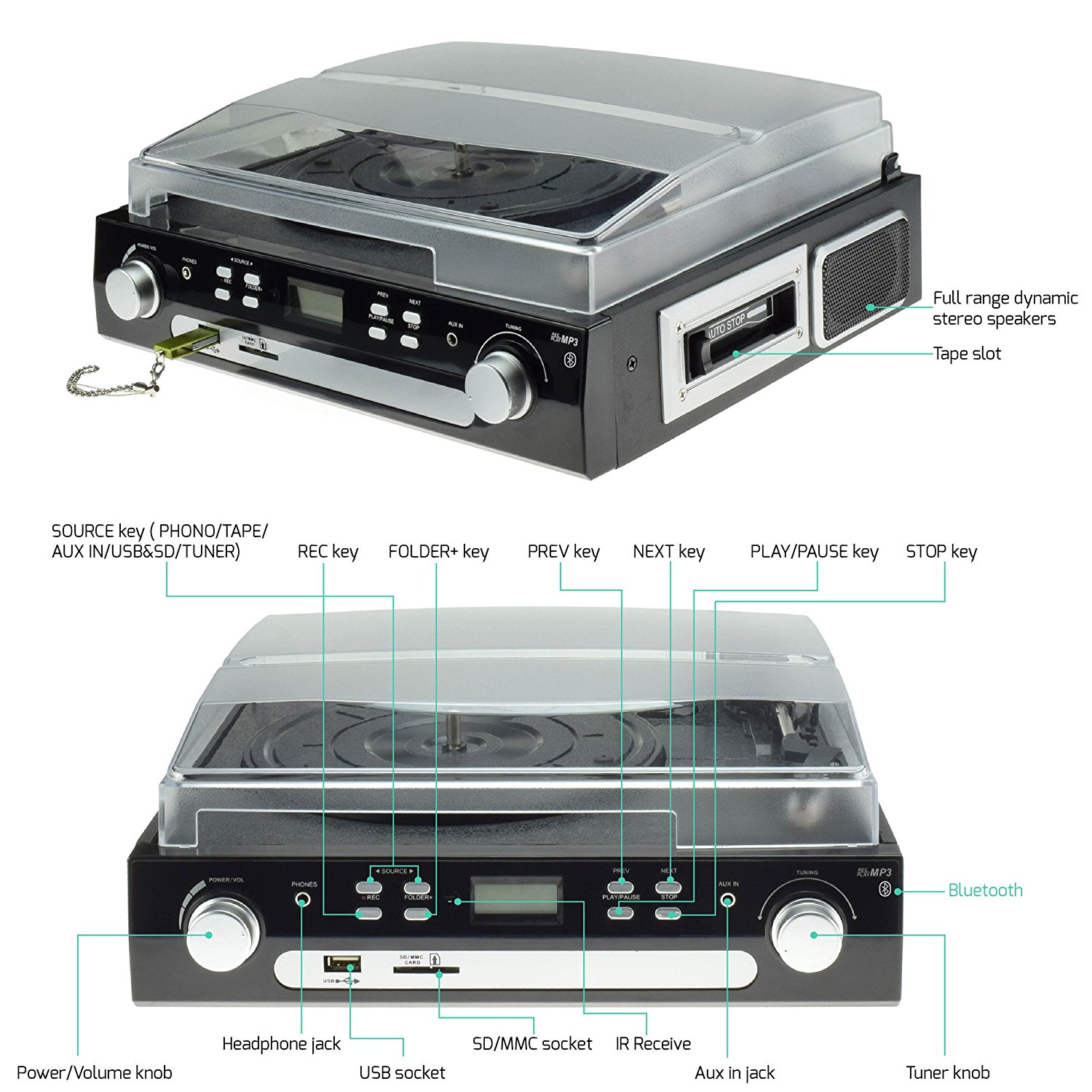 M36, Victrola Portable Record Player Bluetooth for Vinyl,Cassette,Radio