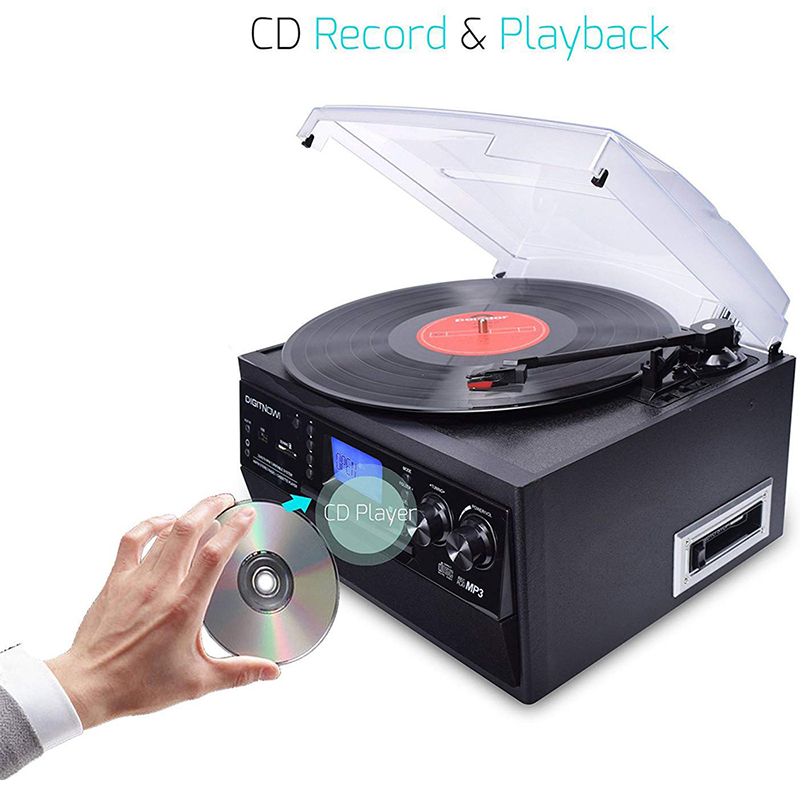 DIGITNOW Bluetooth Record Player Turntable with Stereo Speaker, LP Vinyl to MP3 Converter with CD, Cassette, Radio, Aux in and USB / SD Encoding, Remote Control, Audio Music Player 