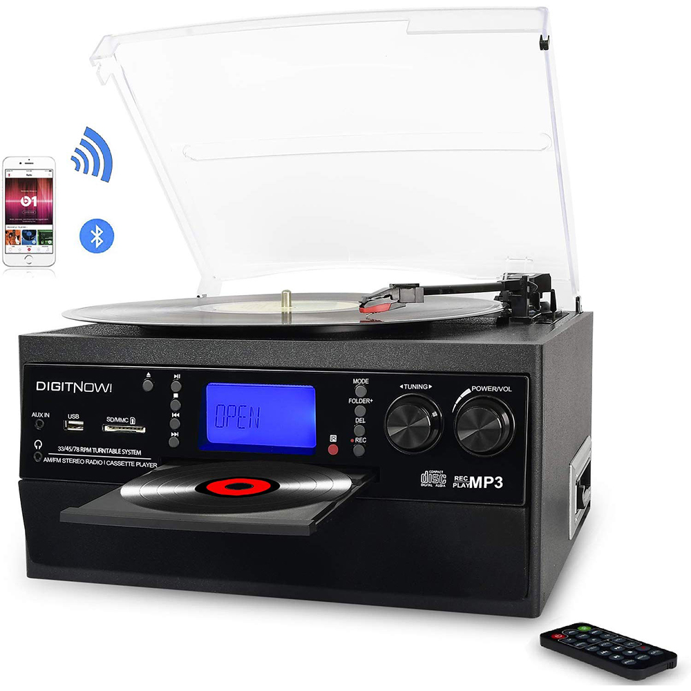 DIGITNOW Bluetooth Record Player Turntable with Stereo Speaker, LP Vinyl to MP3 Converter with CD, Cassette, Radio, Aux in and USB/SD Encoding, Remote Control