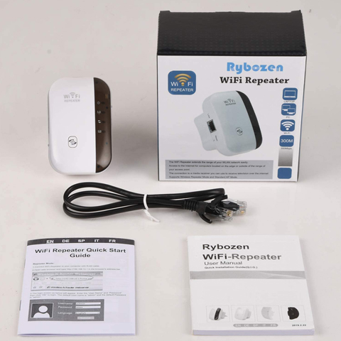 Rybozen WiFi Repeater, Range Extender, 2.4G Network with Integrated Antennas LAN Port, 300Mbps Wireless Router Signal Booster Amplifier Supports Repeater/AP