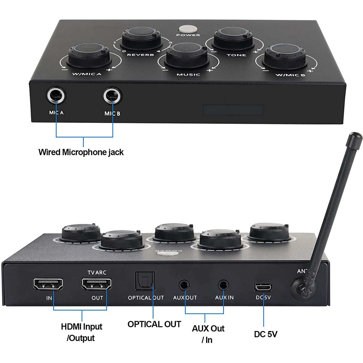 Portable Karaoke Microphone Mixer System Set, with Dual UHF Wireless Mic, HDMI-ARC / Optical / AUX & HDMI in/Out in Singing Receiver for Smart TV, PC, KTV, Theater, Amplifier, Microphone