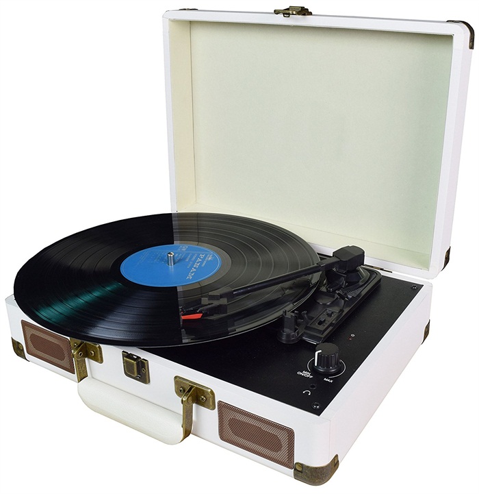 M421, Belt-Drive 3-Speed Portable Vinyl White Turntable with Built-in ...