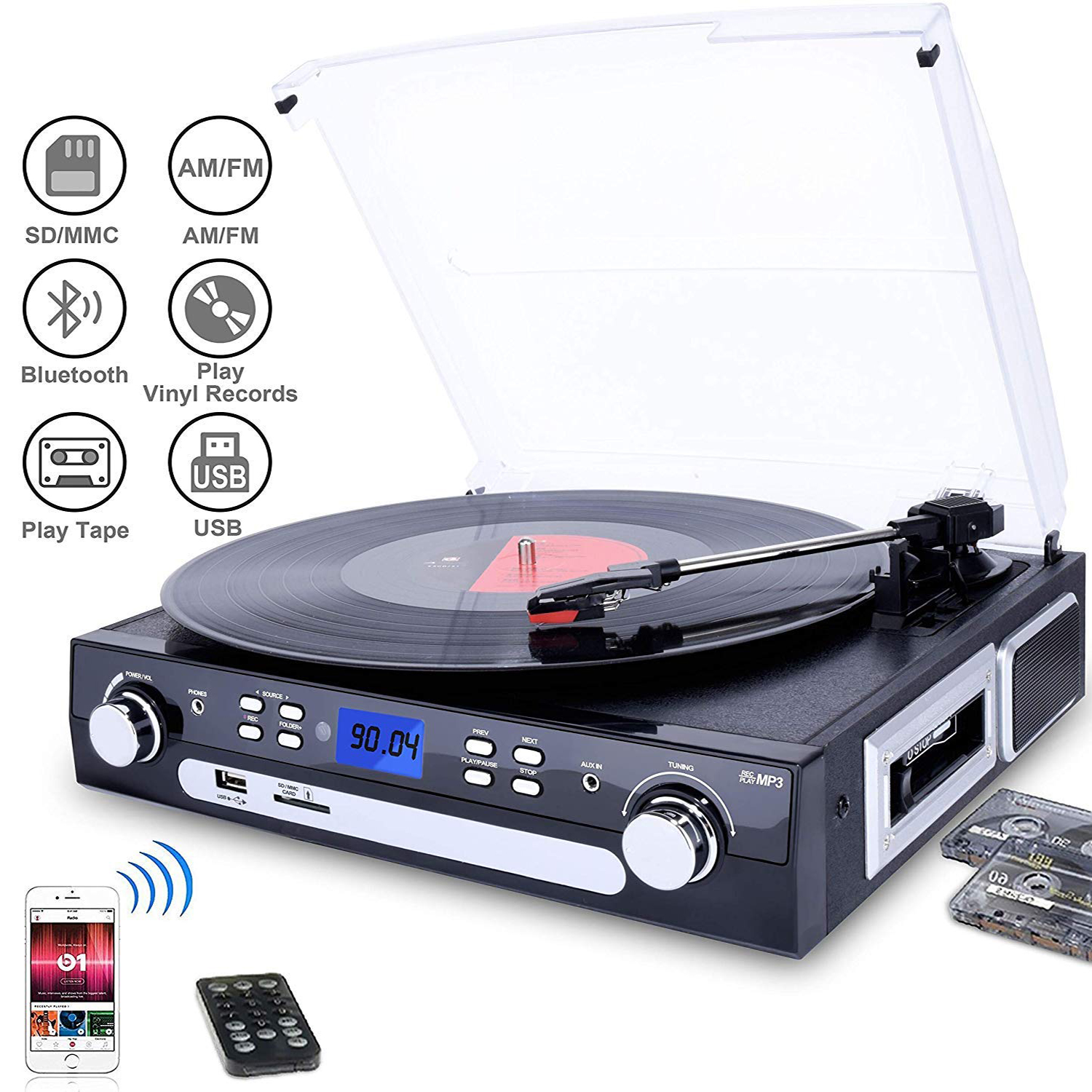 DIGITNOW Vinyl/LP Turntable Record Player, with Bluetooth,AM&FM Radio, Cassette Tape, Aux in, USB/SD Encoding & Playing MP3/ Built-in Stereo Speakers, 3.5mm Headphone Jack,Remote and LCD