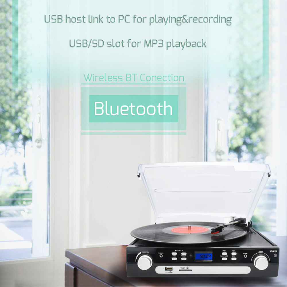 DIGITNOW Vinyl/LP Turntable Record Player, with Bluetooth,AM&FM Radio, Cassette Tape, Aux in, USB/SD Encoding & Playing MP3/ Built-in Stereo Speakers, 3.5mm Headphone Jack,Remote and LCD