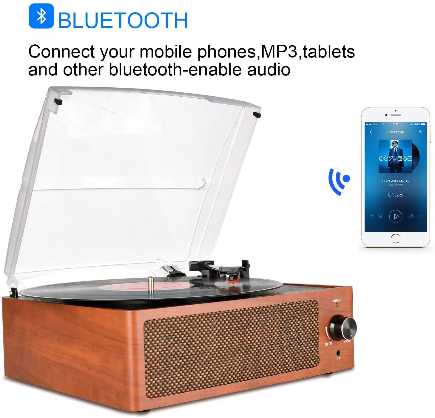 DIGITNOW Bluetooth Record Player Belt-Driven 3-Speed Turntable, Vintage Vinyl Record Players Built-in Stereo Speakers, with Headphone Jack/ Aux Input/ RCA Line Out, Wooden