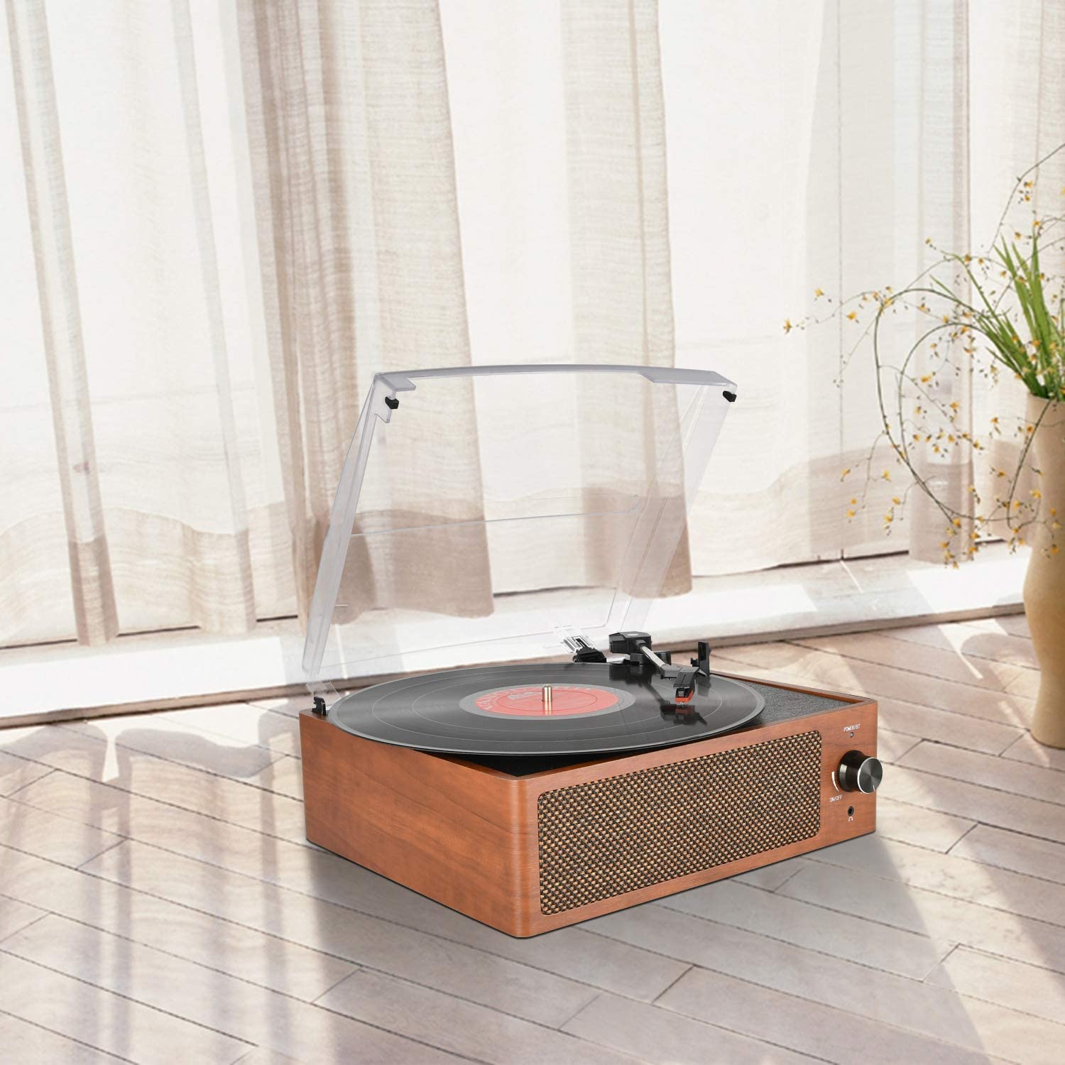 DIGITNOW Bluetooth Record Player Belt-Driven 3-Speed Turntable, Vintage Vinyl Record Players Built-in Stereo Speakers, with Headphone Jack/ Aux Input/ RCA Line Out, Wooden