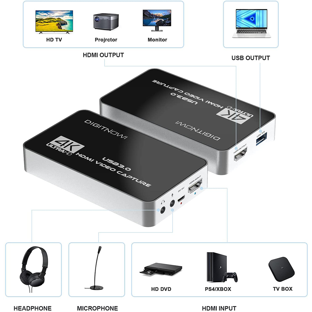 DIGITNOW!Tarjeta de Captura,Captura a 1080p60, 4k Capturadora de Vídeo HDMI  USB 3.0 Dispositivo,Full HD 1080P para PS5, PS4, Xbox Series X/S, Xbox