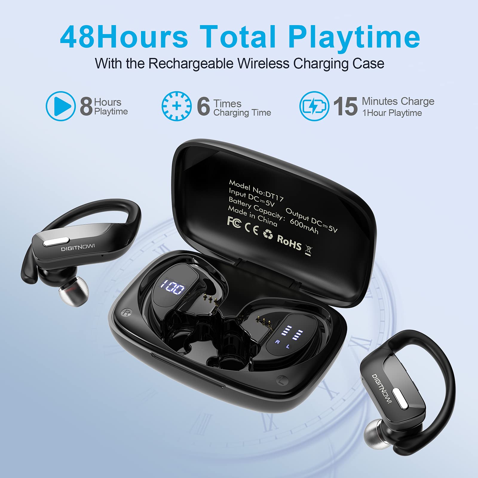 Wireless Earbuds Bluetooth LKLLL 5.0 Headphones 48 Hours Playback Sports Earphones with LED Display Built-in Mic Deep Bass Stereo In-Ear Waterproof Earphones for Exercise Game Running
