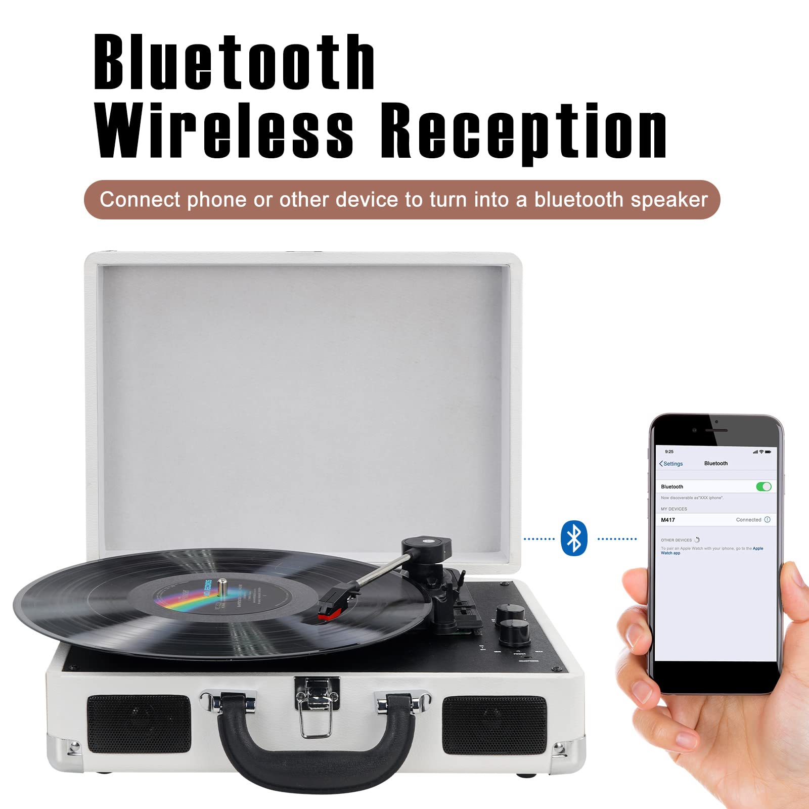 Vinyl Record Player Wireless Turntable Bluetooth 3-Speed Portable Vintage Suitcase with Built-in Speakers, Includes Extra Stylus/RCA Out/AUX IN