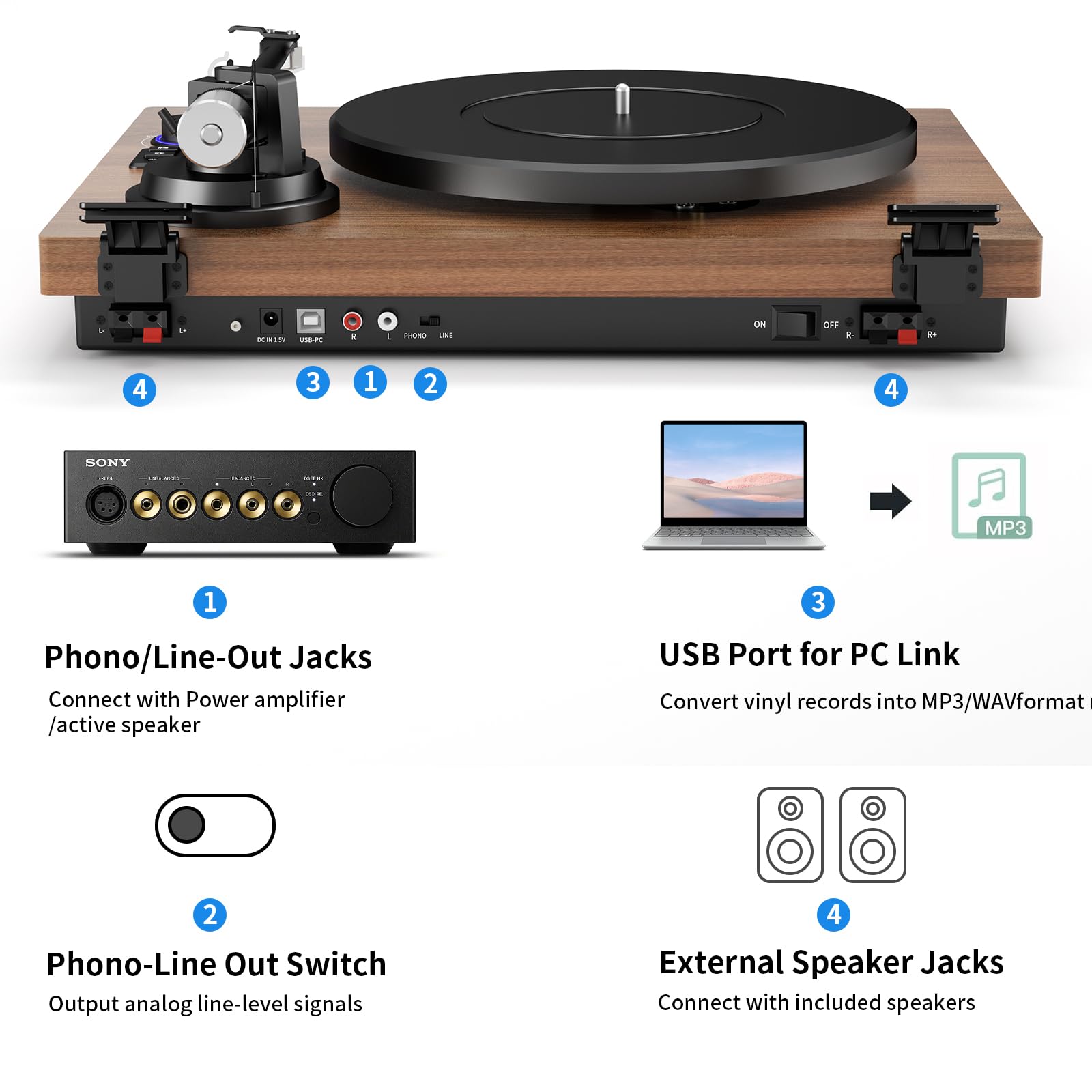 Record Player for Vinyl with Speakers,Bluetooth Turntable for Vinyl Records with 36W HiFi Stereo Speakers,Magnetic Cartridge & Adjustable Counter Weight and Anti-Skating,RCA Output
