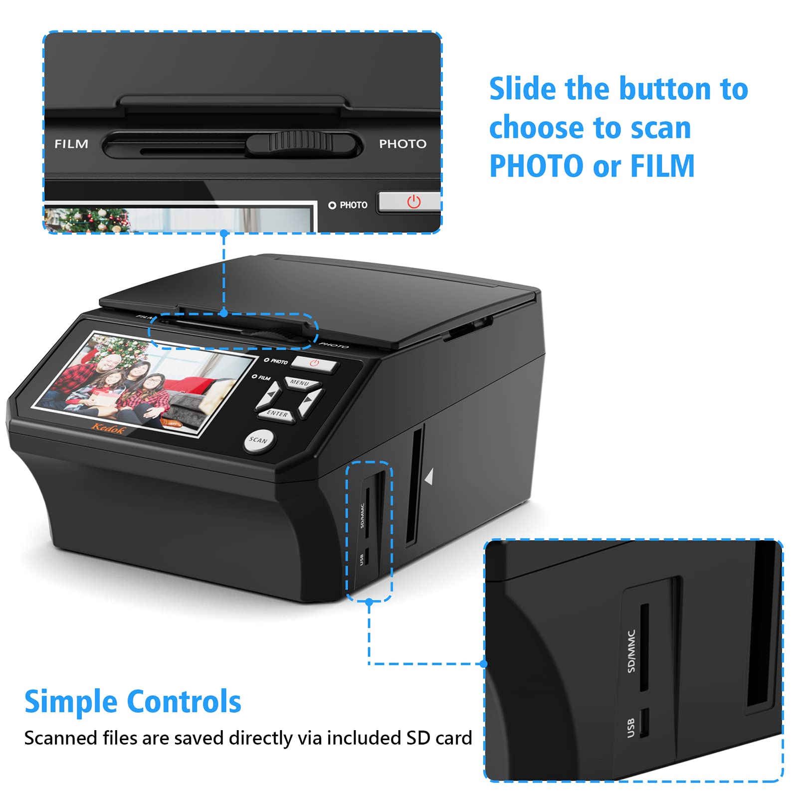 Photo,NameCard,Slide & Negative Scanner with Large 5" LCD Screen,Film and Slide Digitizer-Convert 35mm,110 Film/Photo(3R,4R,5R)/NameCard to 22MP Digital JPEG-8GB SD Card Included