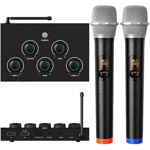Portable Karaoke Microphone Mixer System Set, with Dual UHF Wireless Mic, HDMI-ARC / Optical / AUX & HDMI in/Out in Singing Receiver for Smart TV, PC, KTV, Home Theater, Amplifier, Speaker