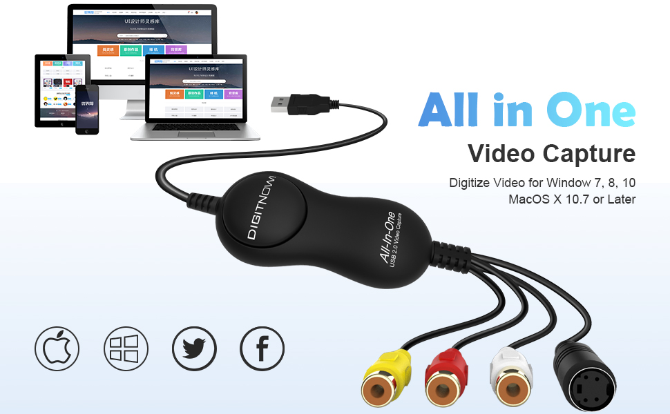 DIGITNOW Carte de capture vidéo, adaptateur USB 2.0, adaptateur audio VHS  VCR TV vers DVD pour PC Windows : : Électronique