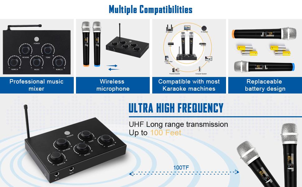 DIGITNOW! Juego de sistema mezclador de micrófono de karaoke portátil, con  micrófono inalámbrico UHF dual, HDMI-ARC/óptico/AUX y HDMI entrada/salida