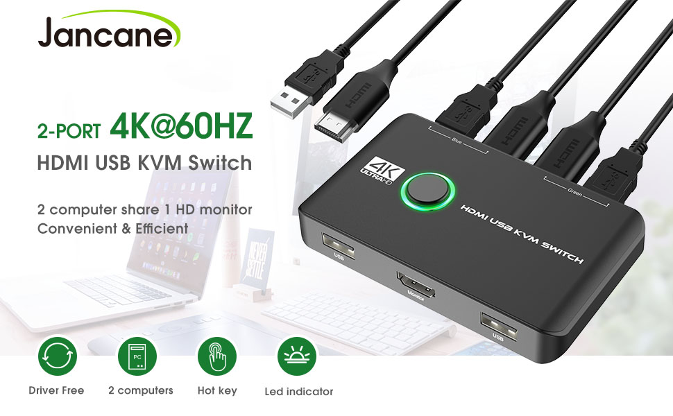 KVM HDMI Switch 2 Ports, USB 3.0 KVM Switcher Box Support 4K@60Hz  Resolution For 2 Computers Share Mouse Keyboard And Monitor